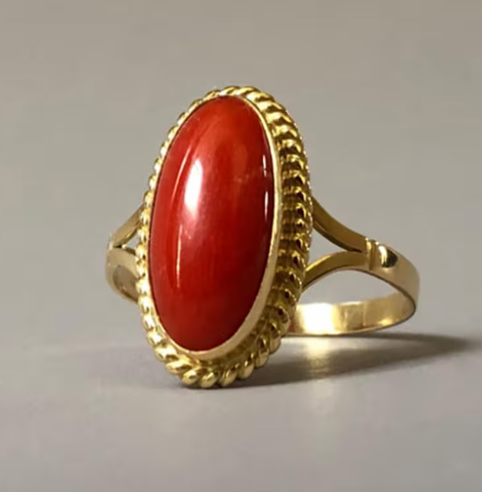Unique 18k Gold Coral Gemstone Ring Jewelry