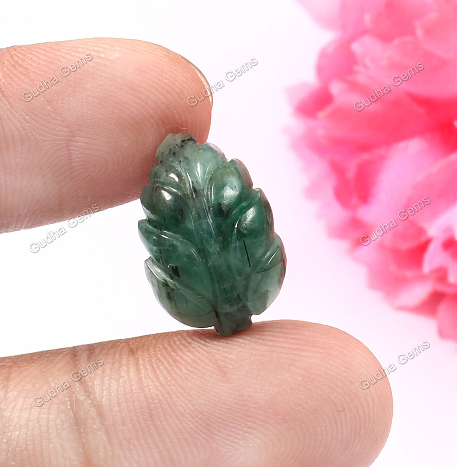 9.70 CRT Unique Leaf Carved Emerald Gemstone