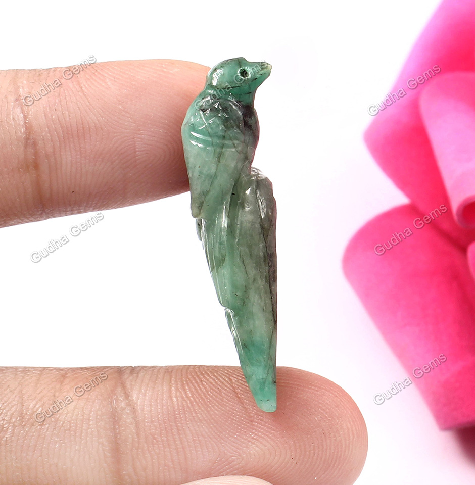 Sparrow Sculpture And Beautiful Leaf Design Rare Emerald Gemstone