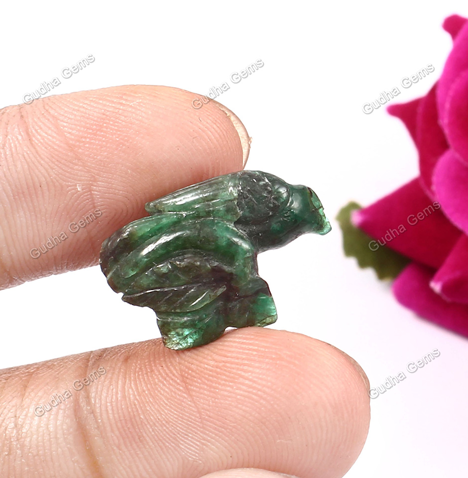 Sparrow Sculpture And Leaf Design Rare Emerald Gemstone