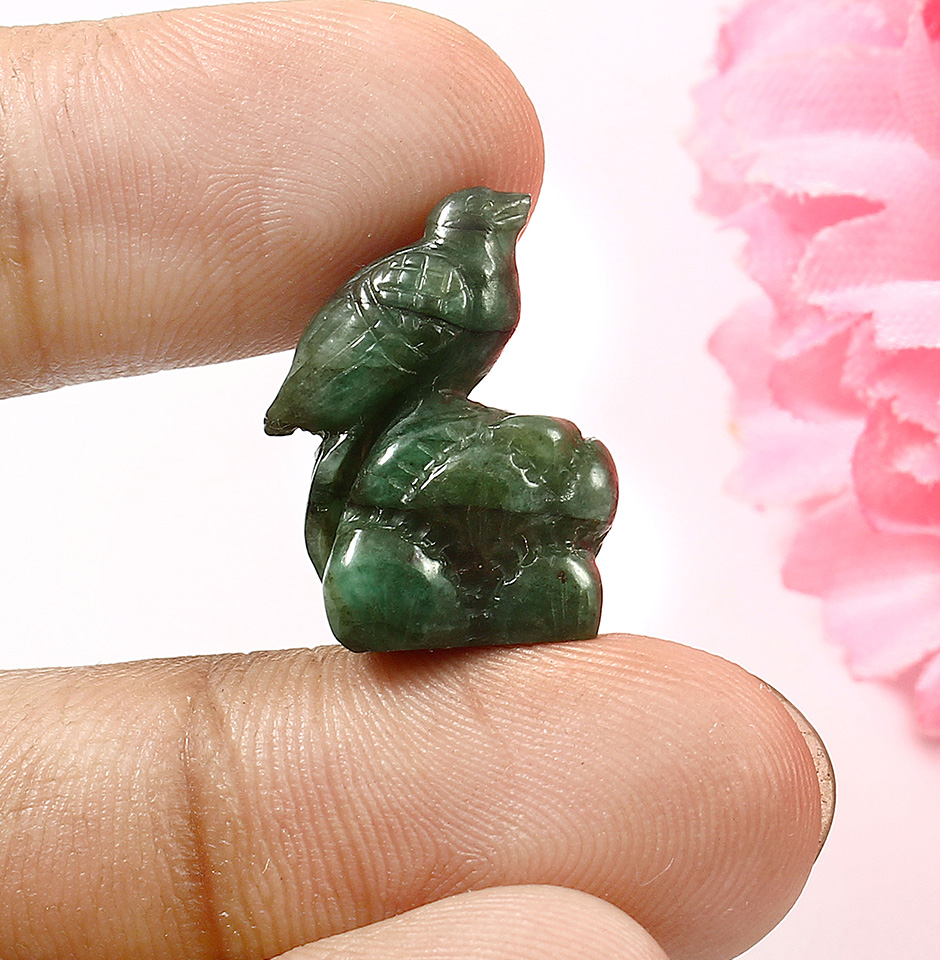 Hand Carved Emerald Gemstone, Antique Sparrow Sculpture And Flower Design Rare Emerald