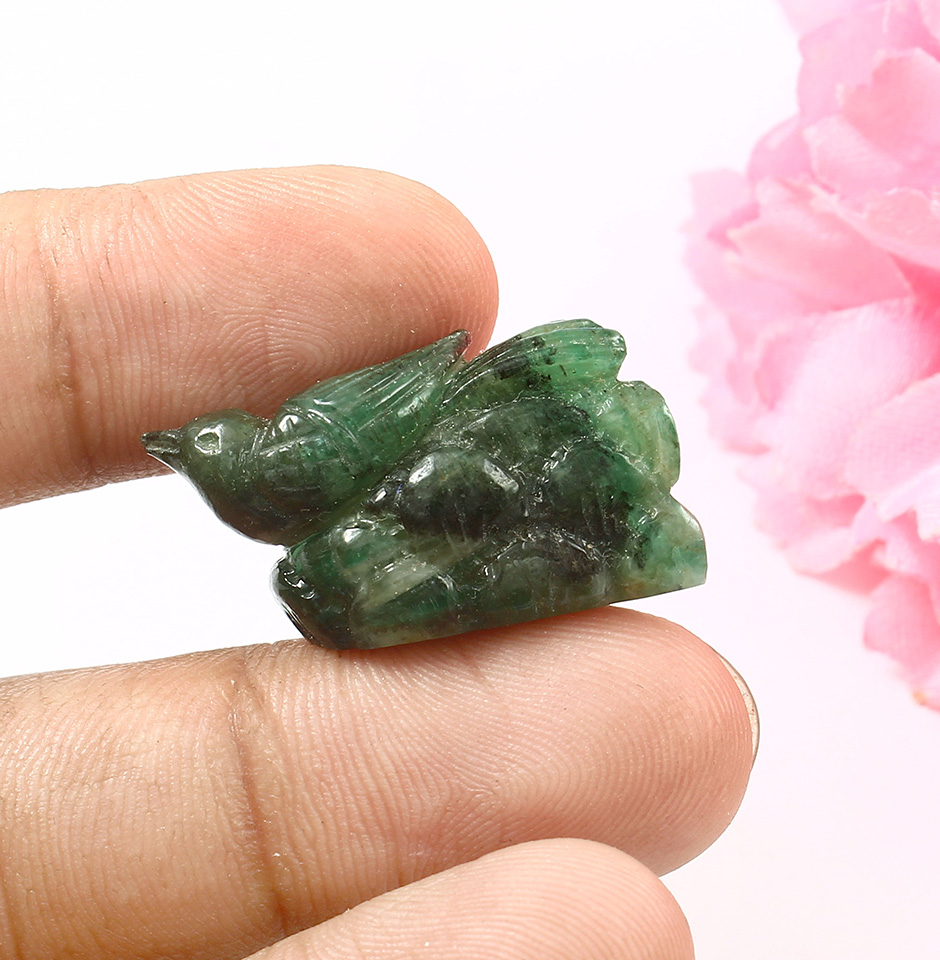 Natural Hand Carved Emerald Gemstone, Unique Sparrow Sculpture