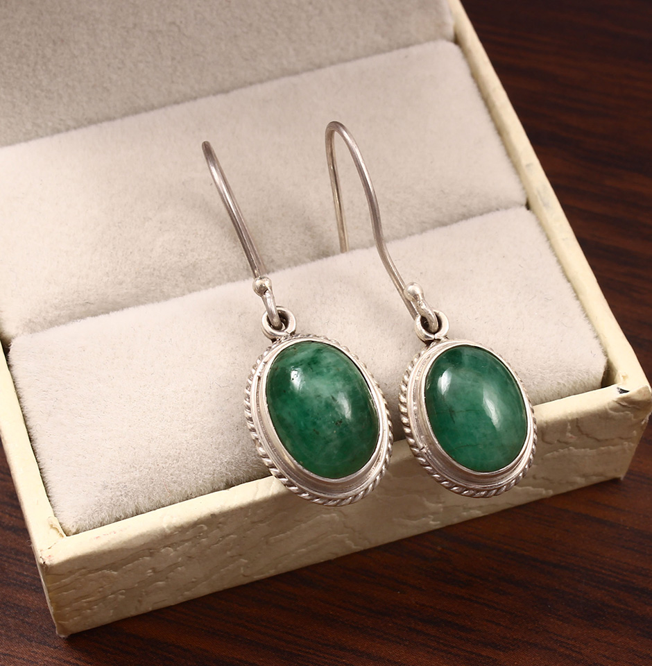 Emerald Cabochon Dangle Earrings